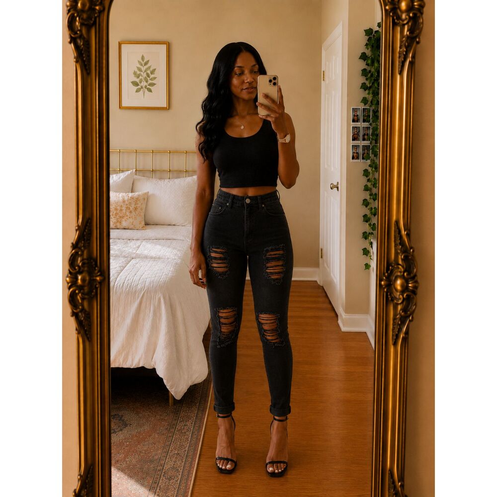 Wet Seal Women Black Crop Top Caged Strappy Back Zipper Cutout Goth Y2K L